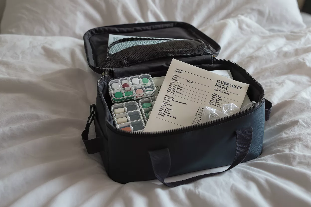 Open black organizer bag with pill cases and documents on a white bed.