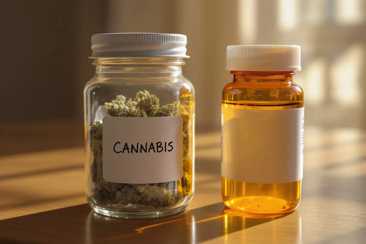 Cannabis Jar and Prescription Bottle A glass jar labeled "CANNABIS" next to an amber prescription bottle.