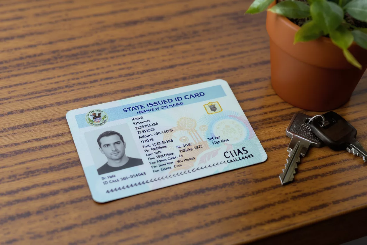 State Issued ID Card State ID card, keys, and a small plant on a wooden table.