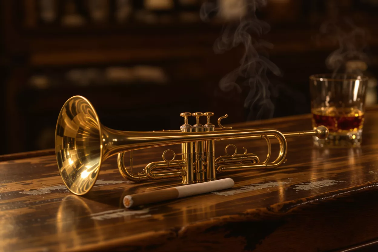 Golden trumpet, cigarette, and whiskey glass with smoke on a wooden bar.