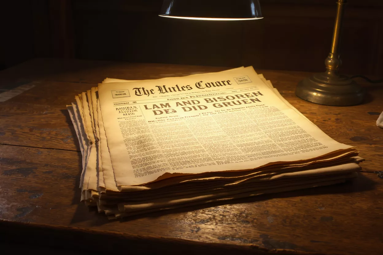 Stack of old newspapers under a desk lamp on a wooden table.