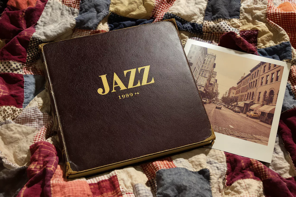 A brown 'Jazz 1999' book and a sepia city street photo on a patchwork quilt.