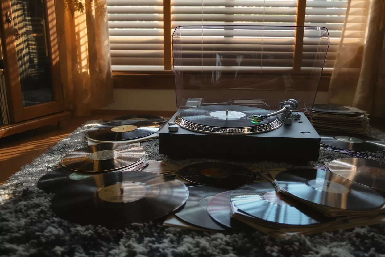 A vintage vinyl record player surrounded by records on a rug in sunlight.