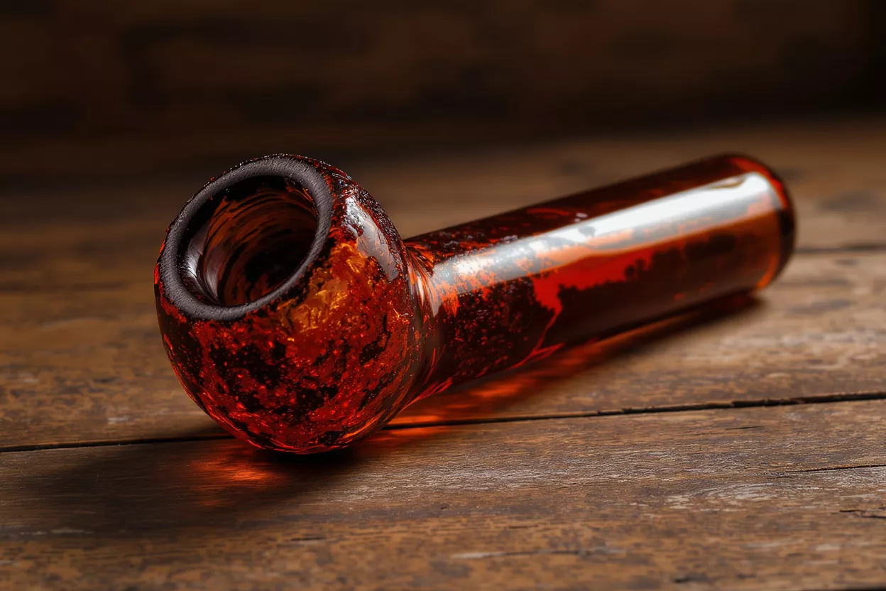 Amber glass smoking pipe with intricate red patterns on a rustic wooden table.
