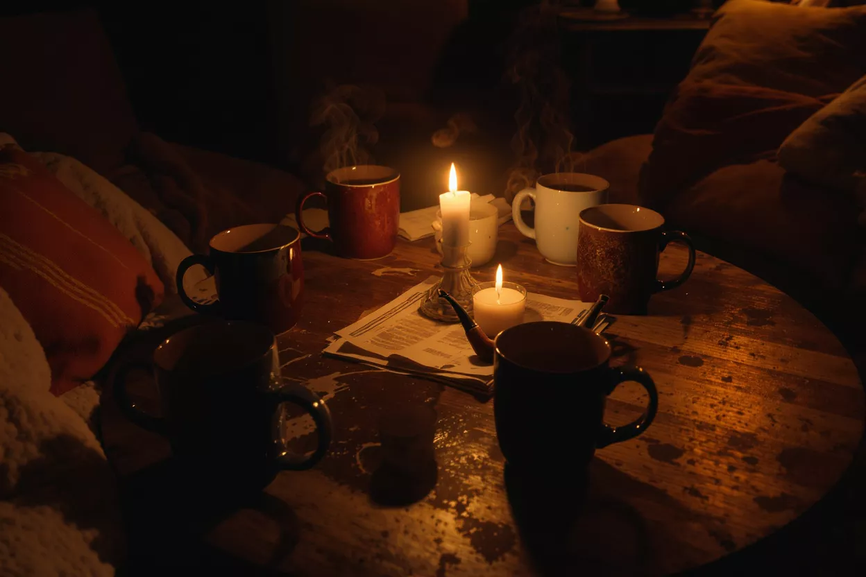 Mugs and candles on a wooden table, creating a warm, intimate atmosphere.
