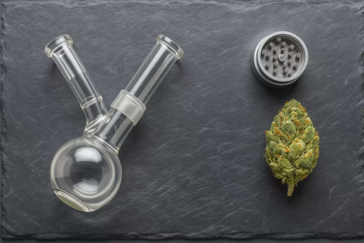 Glass bong, cannabis bud, and grinder on a dark gray slate background.