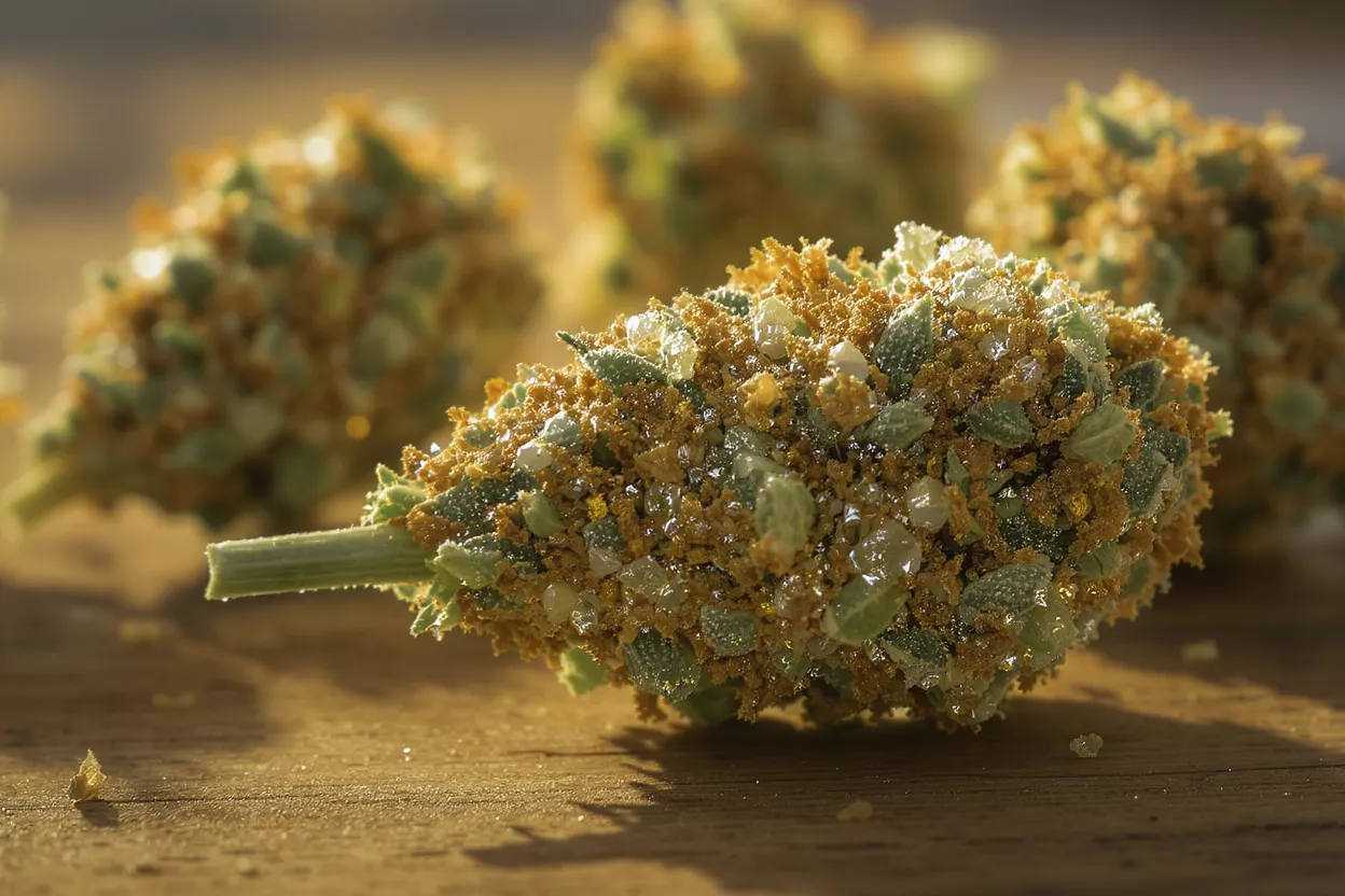 Close-up of cannabis buds heavily coated in kief and crystalline trichomes on a wooden surface.