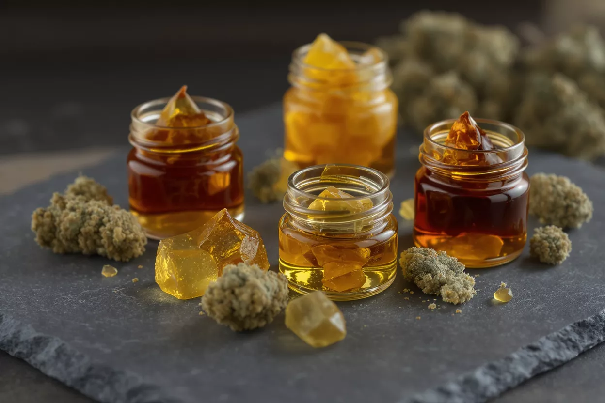 Various cannabis concentrates (shatter, wax, oil) and flower buds on a dark surface.