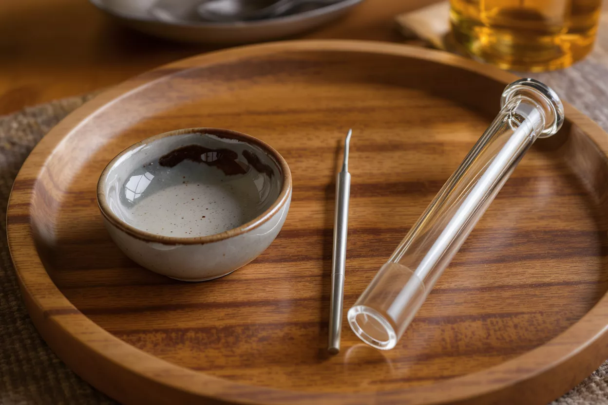 A dab tool, glass tube, and ceramic dish on a wooden tray.