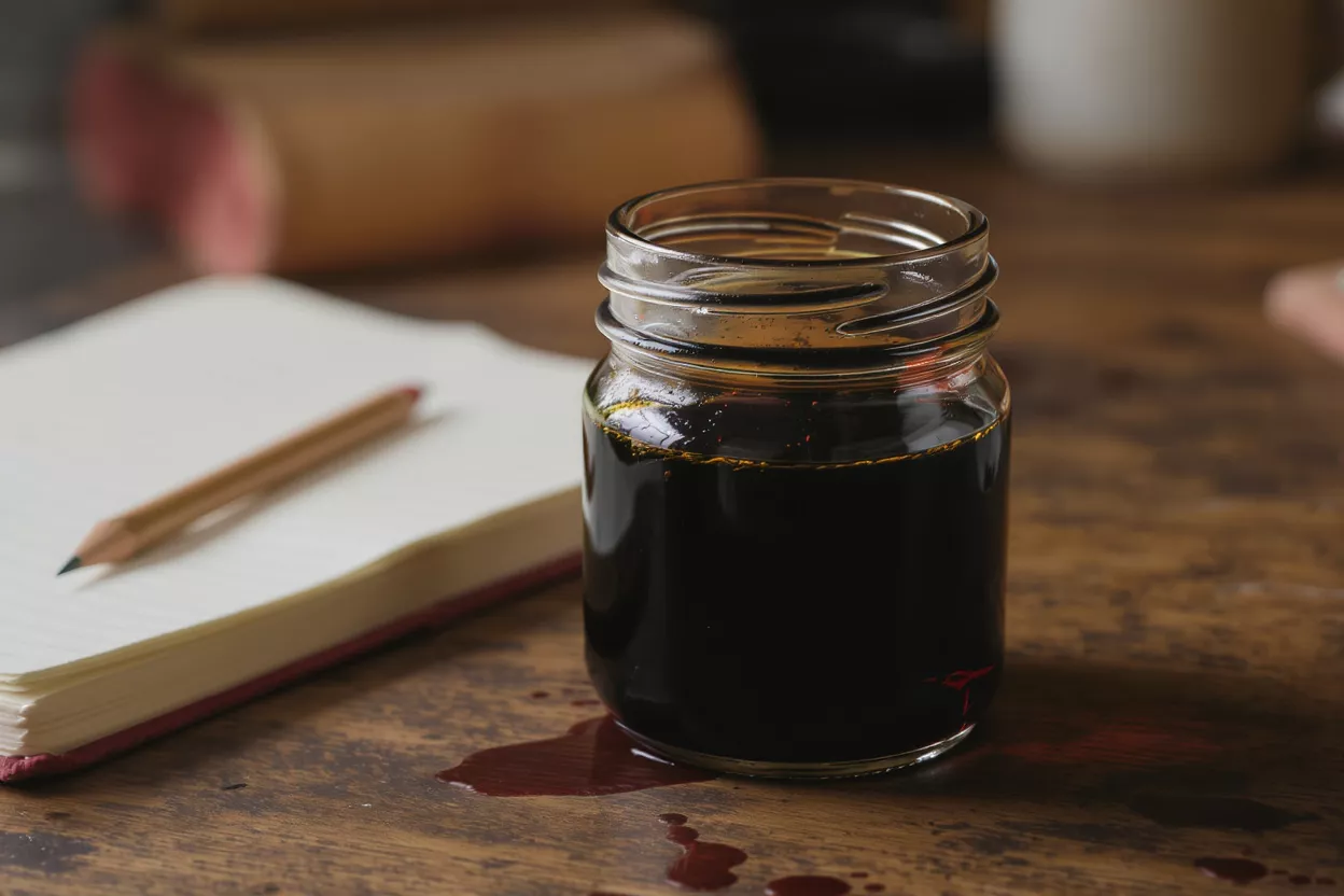 A glass jar of dark ink sits on a wooden desk next to an open notebook and pencil.