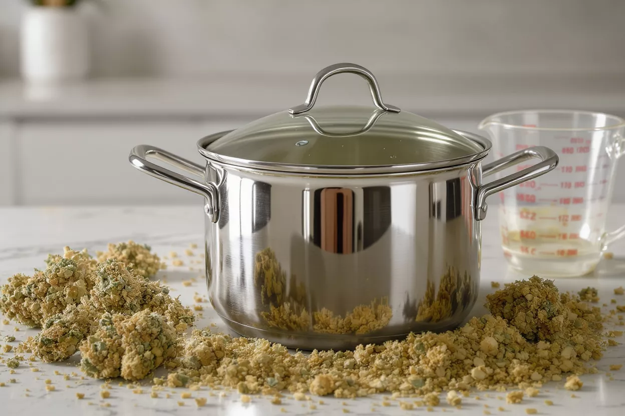 Shiny stainless steel pot with glass lid on a white counter, surrounded by crumbs.