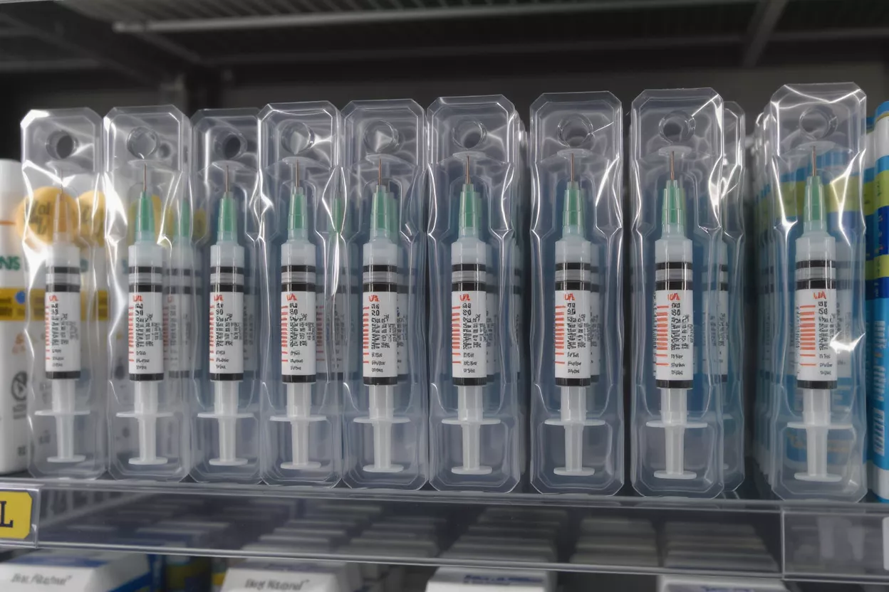 Row of individually packaged pre-filled syringes with green caps on a store shelf.