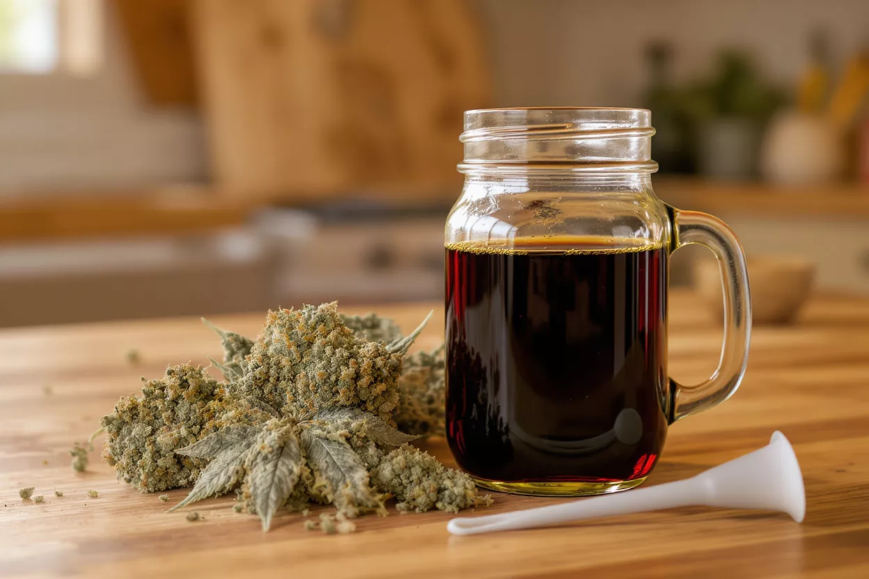 Dark cannabis oil in a mason jar with cannabis buds and a funnel on a wooden table.