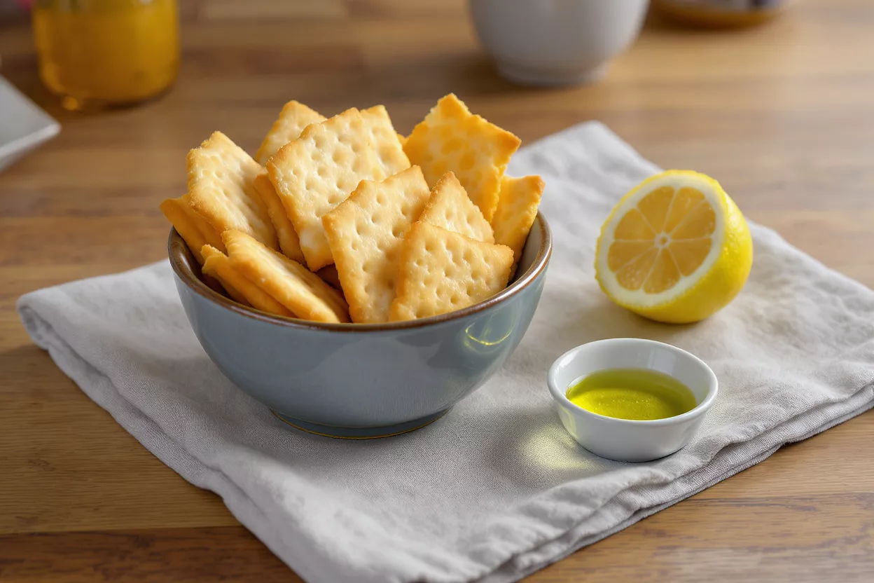 A bowl of crackers with a lemon half and olive oil on a linen napkin.