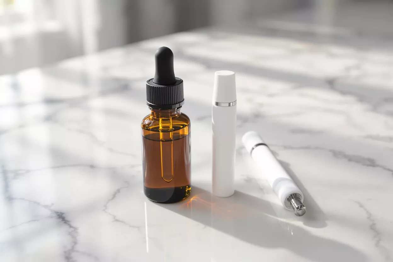 Amber dropper bottle, white serum tube, and massage tool on marble.