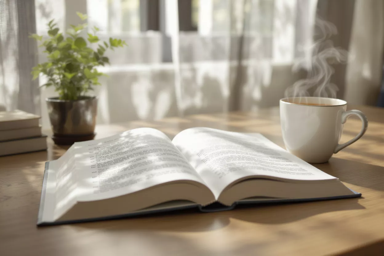 Open book, steaming coffee, and plant on a sunlit wooden table by a window.