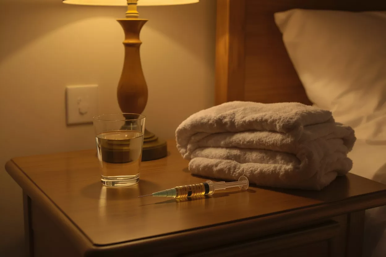 A syringe filled with yellow liquid on a nightstand next to a glass of water.