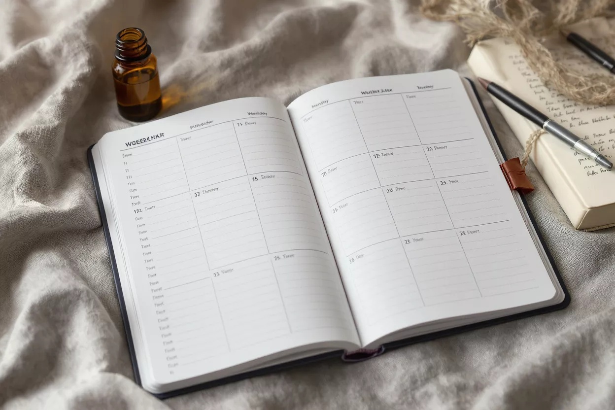 Open planner, essential oil bottle, pen, and notebook on a textured fabric surface.