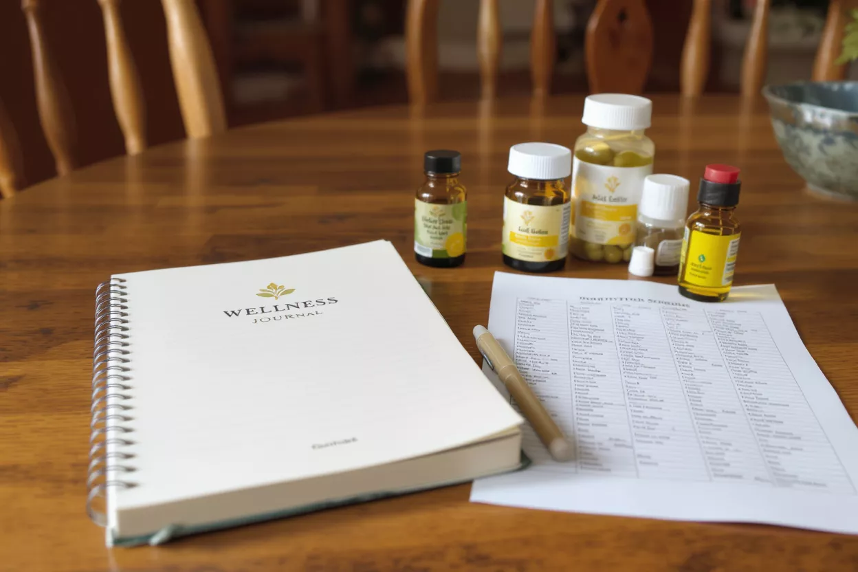 A wellness journal, pen, supplements, and a schedule on a wooden table.