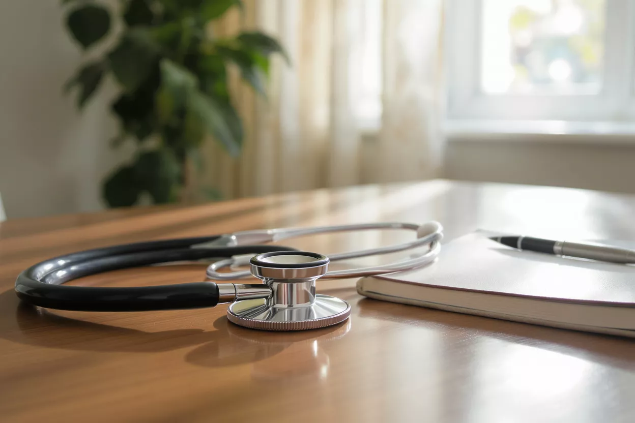 A stethoscope, notebook, and pen resting on a wooden desk near a sunlit window.