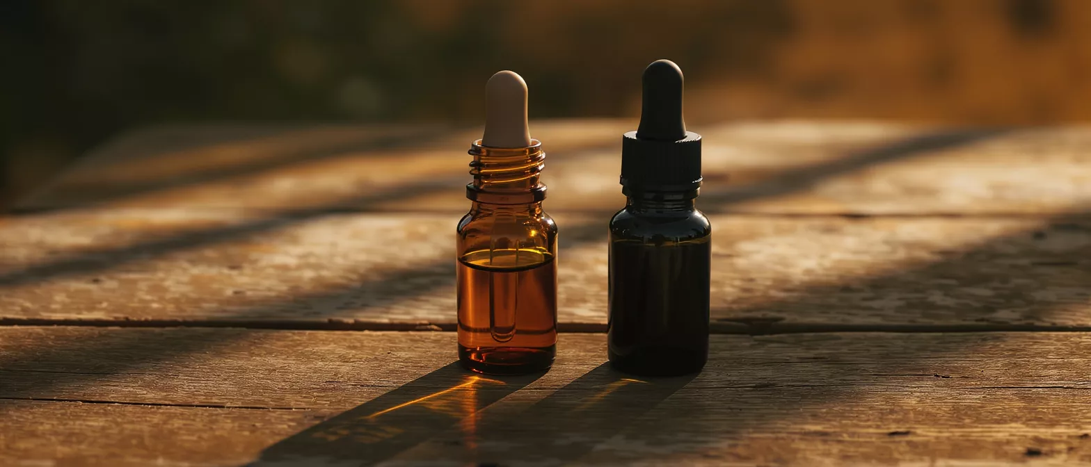 Amber and Black Dropper Bottles Two dropper bottles, one amber and one black, on a rustic wooden surface.
