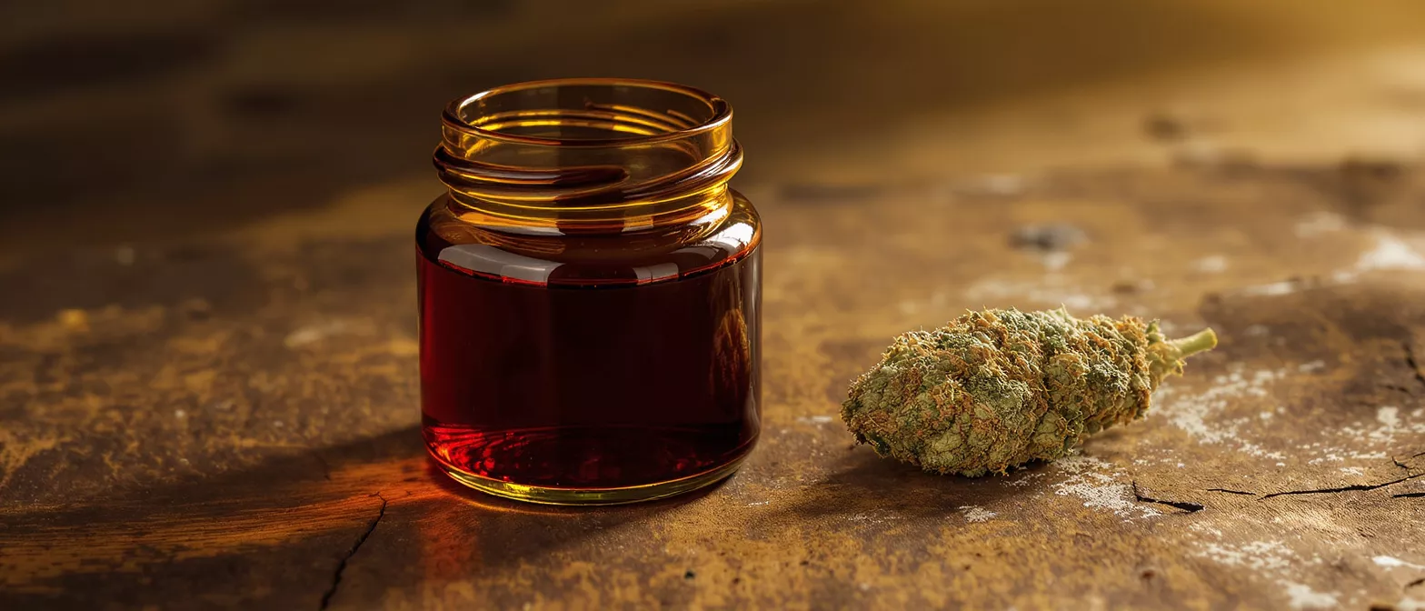 Cannabis Oil and Bud A jar of amber cannabis oil next to a dried cannabis bud on a rustic wooden surface.