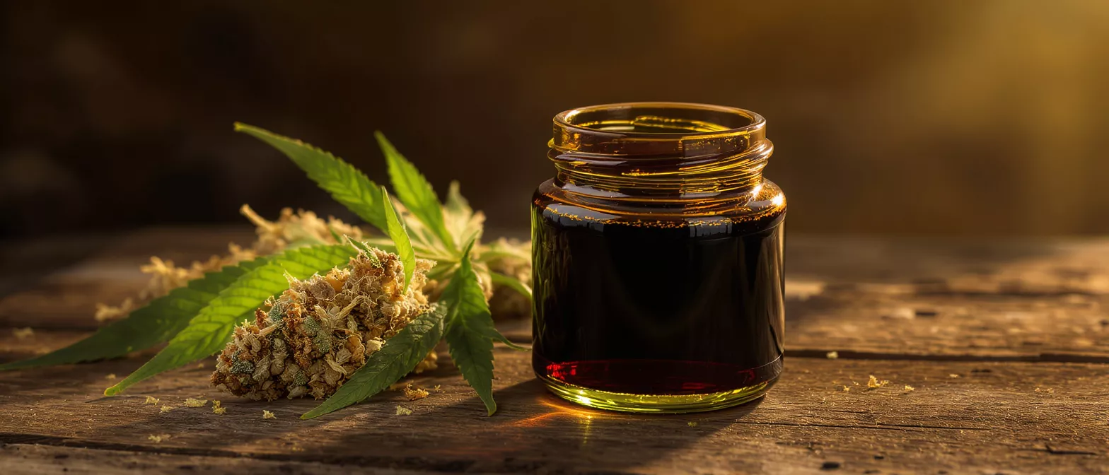 Cannabis Oil and Flower A jar of dark cannabis oil next to a cannabis flower on a wooden table.