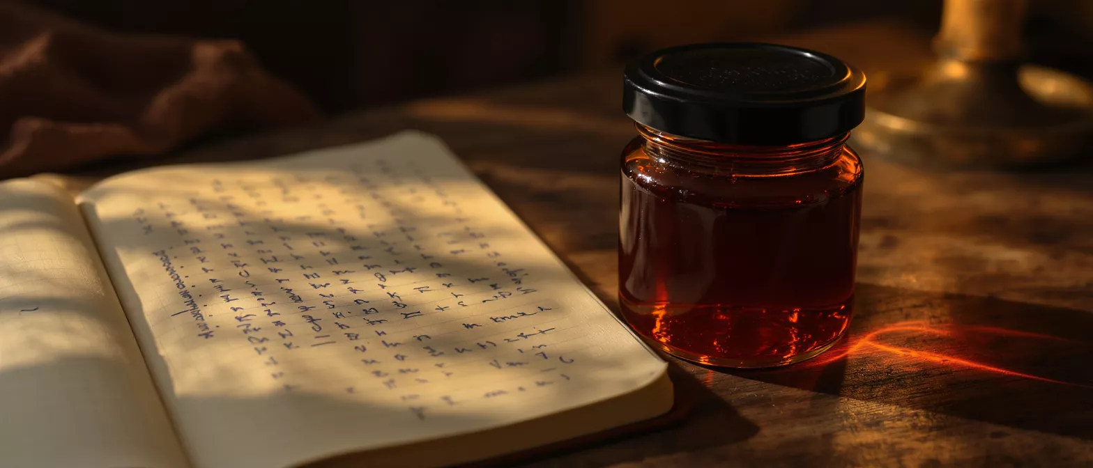 Notebook and Jar in Warm Light An open notebook with handwritten text next to a small jar of amber liquid.