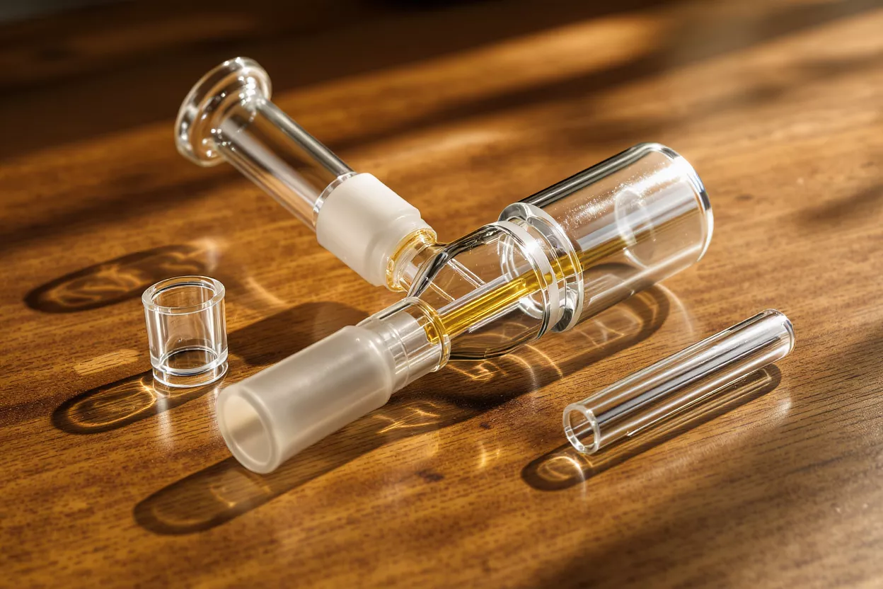 Various clear glass vaporizer components with a golden liquid on a wooden surface.