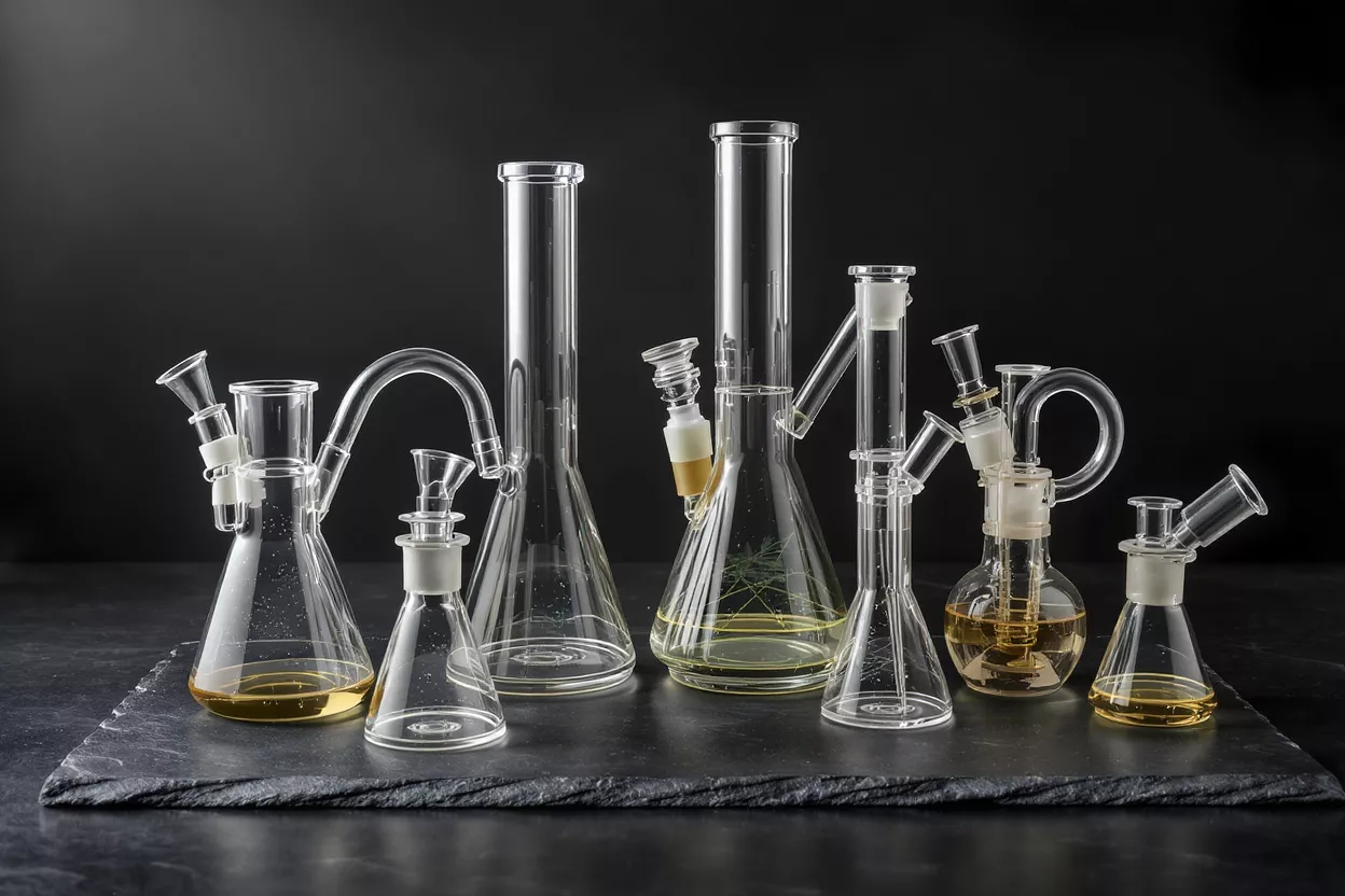 A collection of clear glass beakers and bongs with some containing yellow liquid, on a dark surface.