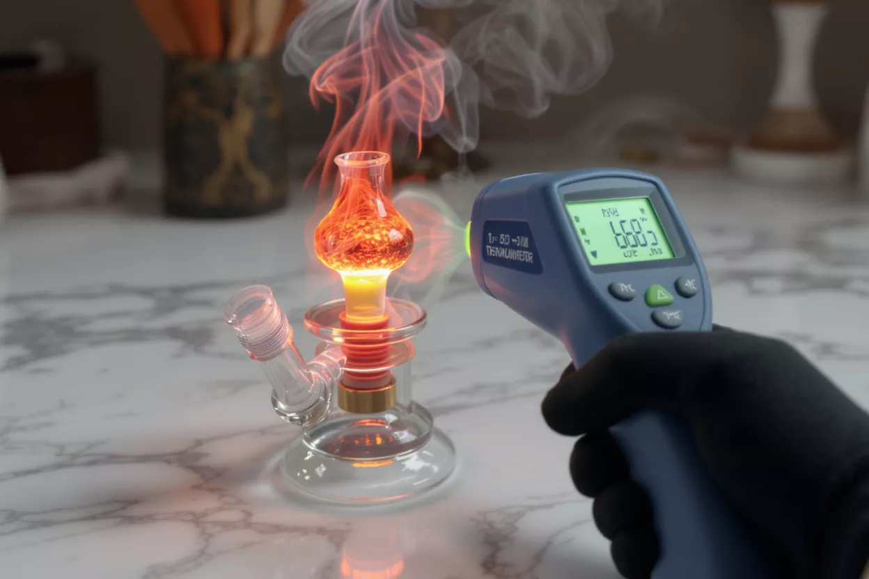 A hand in a black glove uses an infrared thermometer on a glowing hot dab rig.