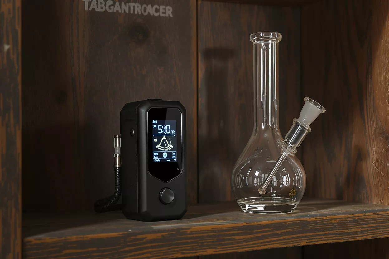 Black desktop vaporizer with digital display next to a clear glass bong on a wooden shelf.