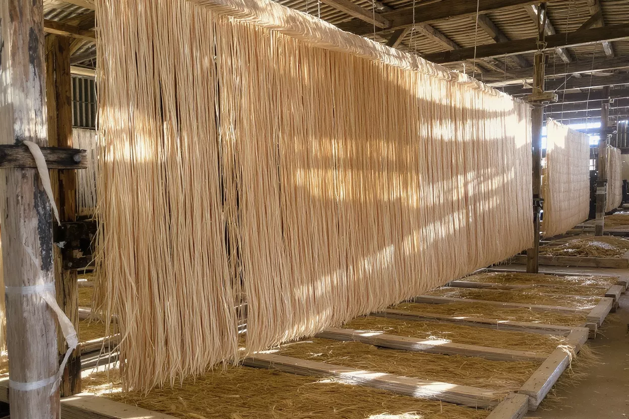 Traditional Somen Noodle Drying Long, thin somen noodles hanging to dry in a traditional Japanese facility, bathed in sunlight.