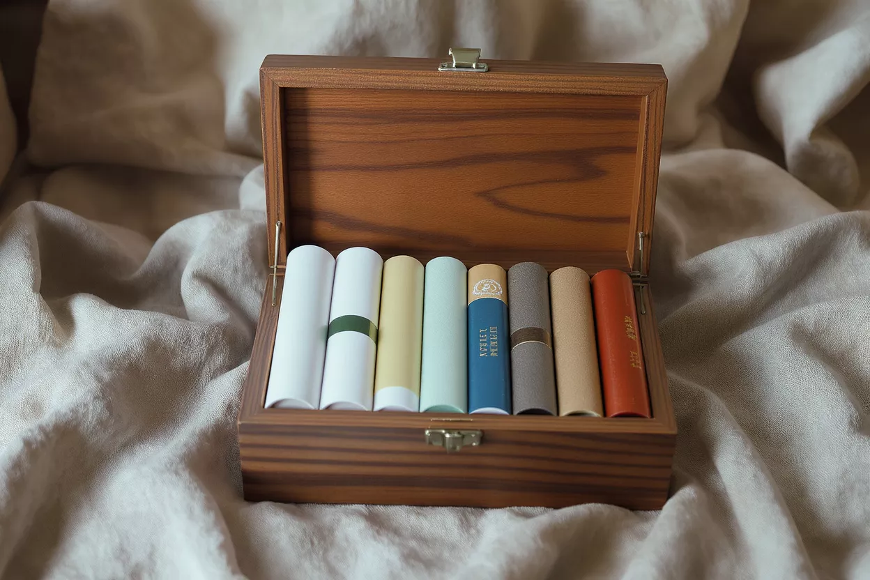 Elegant Wooden Box with Colorful Cylinders Open wooden box filled with eight colorful, cylindrical items on a light fabric.