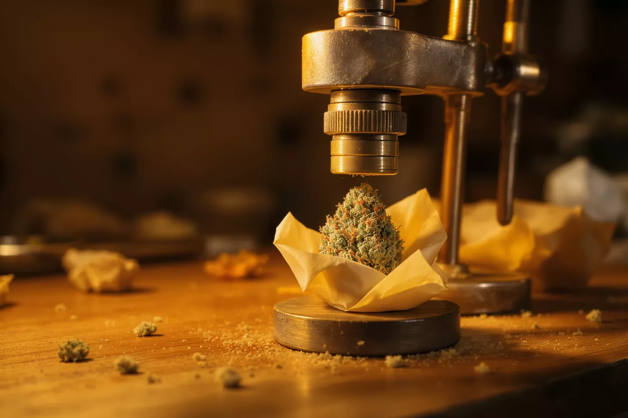 Close-up of a cannabis bud in parchment paper under a metal press.