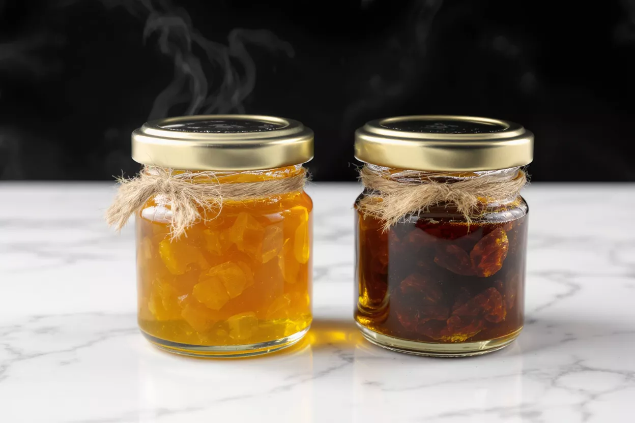 Two jars of homemade fruit preserves, one orange and one dark red, with steam rising.