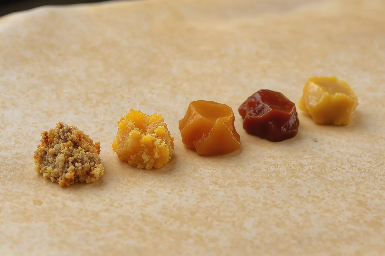 Five different cannabis concentrates, varying in texture and color, on parchment paper.