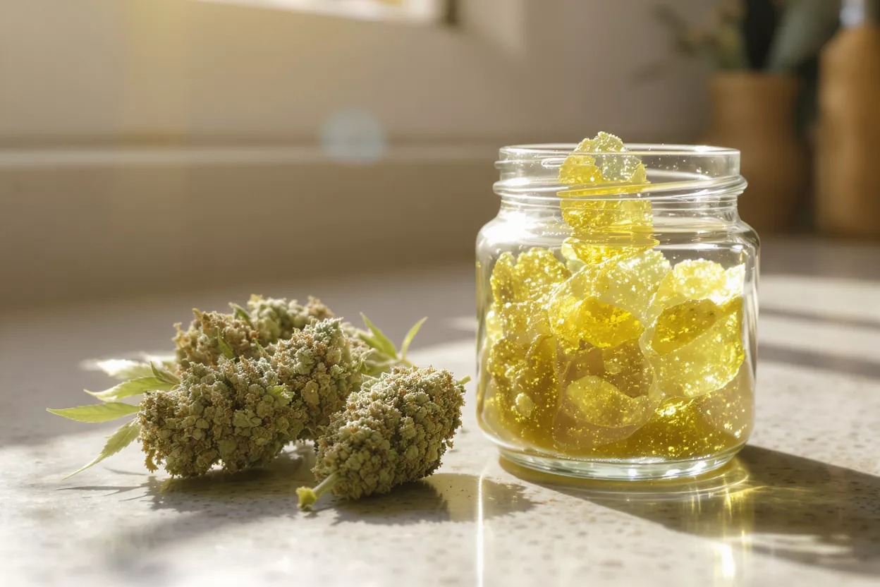 Cannabis buds and a jar of golden shatter on a sunlit counter.