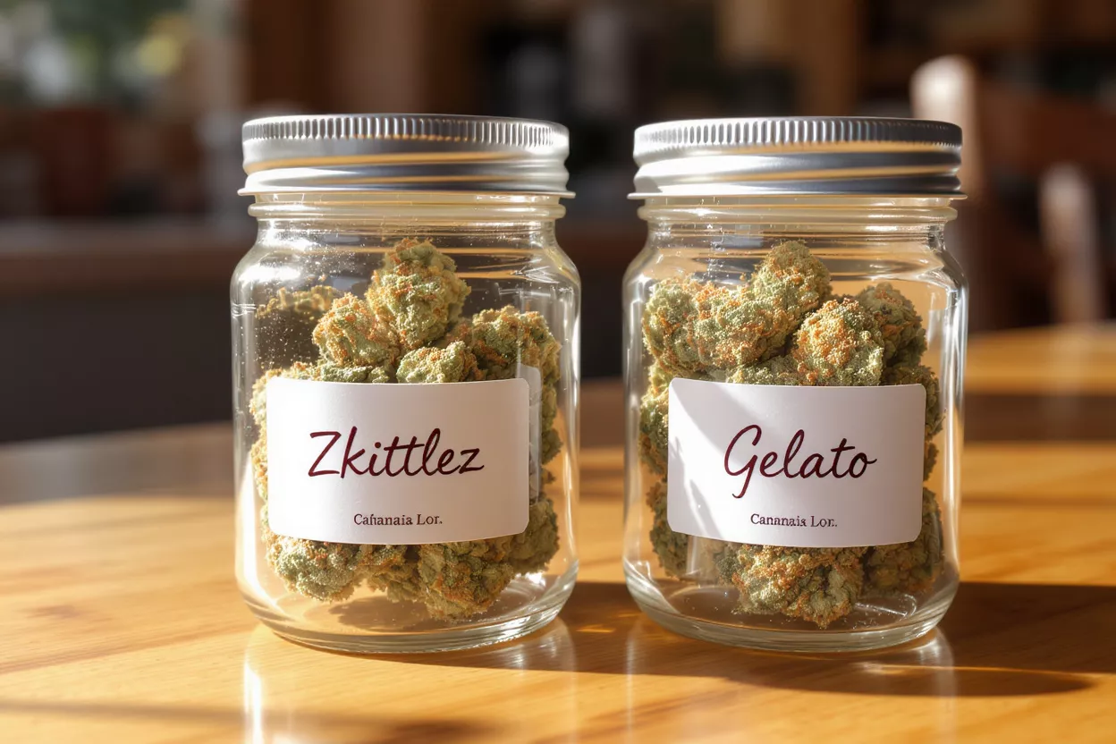 Two glass jars filled with cannabis buds labeled Zkittlez and Gelato.