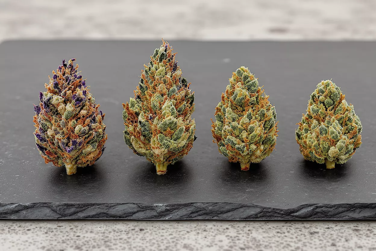 Four cannabis buds of varying sizes and colors on a dark slate tray.