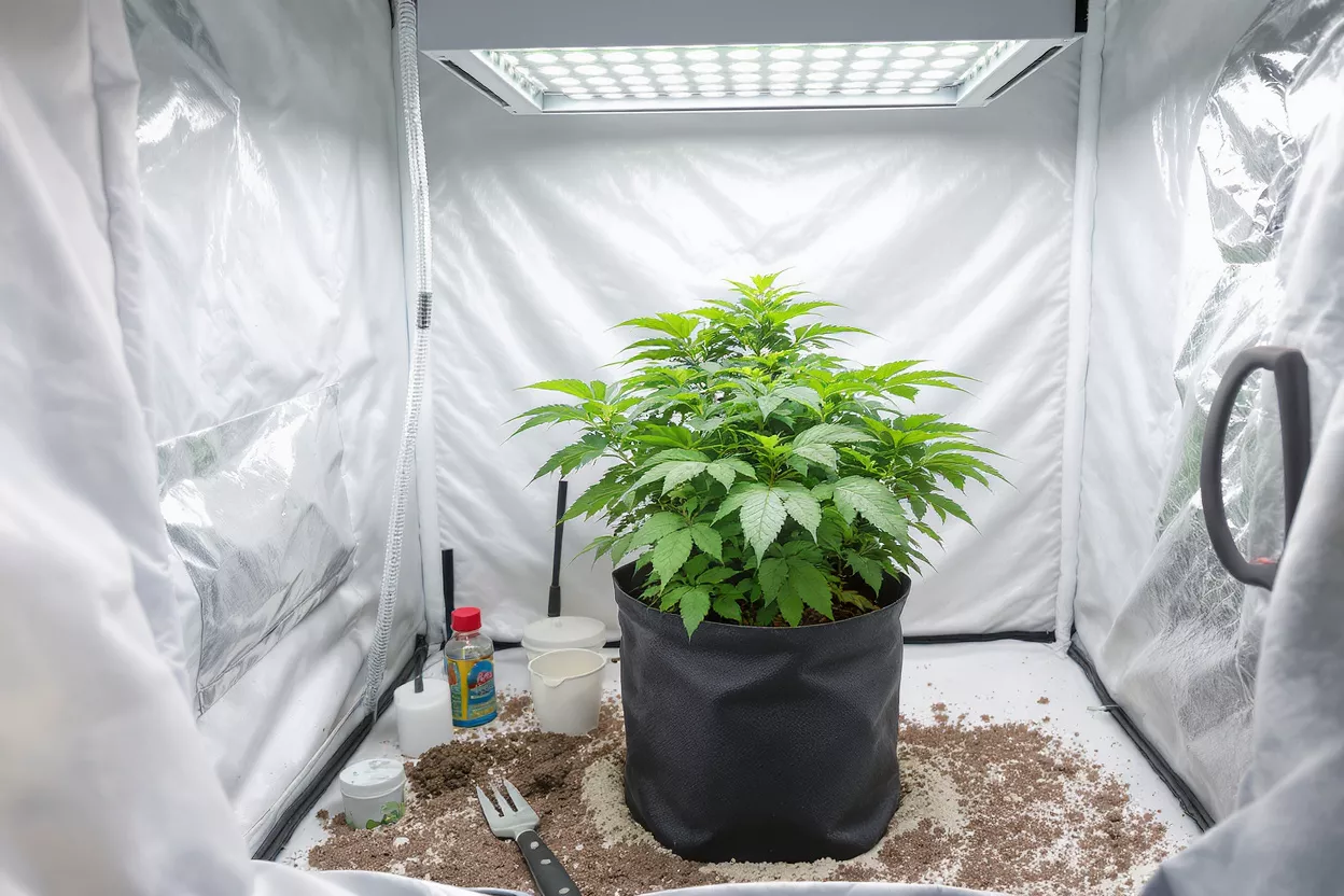 A vibrant cannabis plant growing under LED lights in a reflective grow tent.