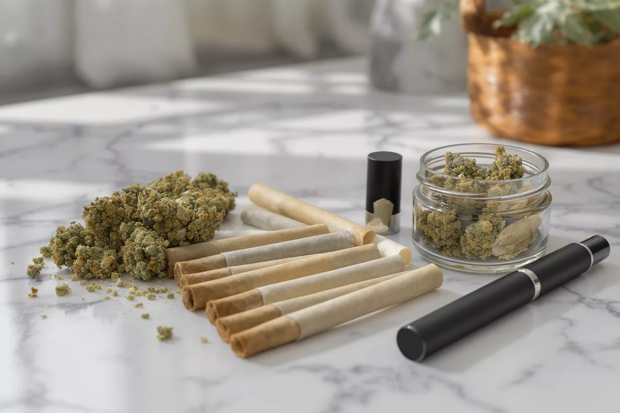Cannabis flower, pre-rolls, vape pen, and jar of buds on marble surface.