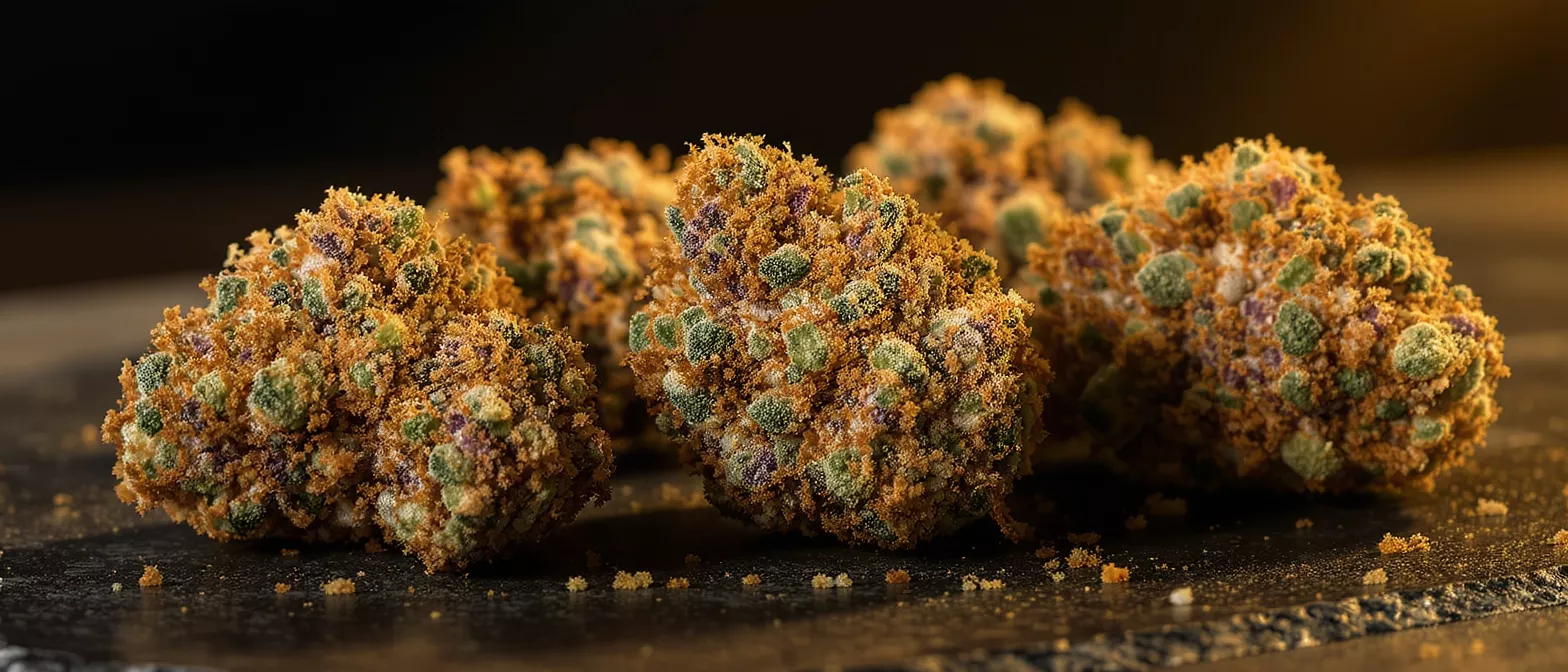 Close-up of several cannabis nugs heavily coated in golden kief and green trichomes.