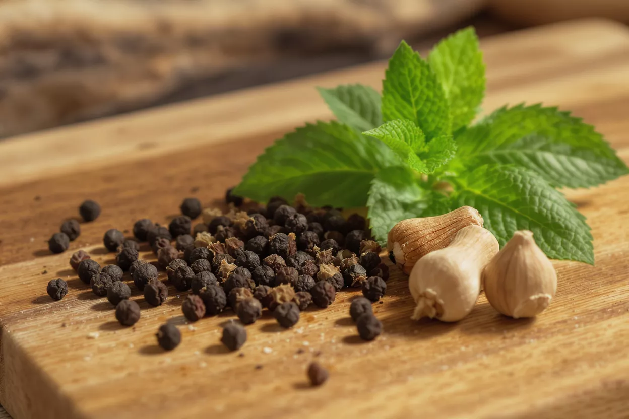 Black peppercorns, fresh mint, and garlic cloves on a wooden cutting board.