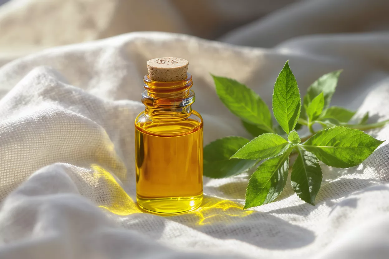Small amber bottle of essential oil with cork stopper and fresh green leaves.