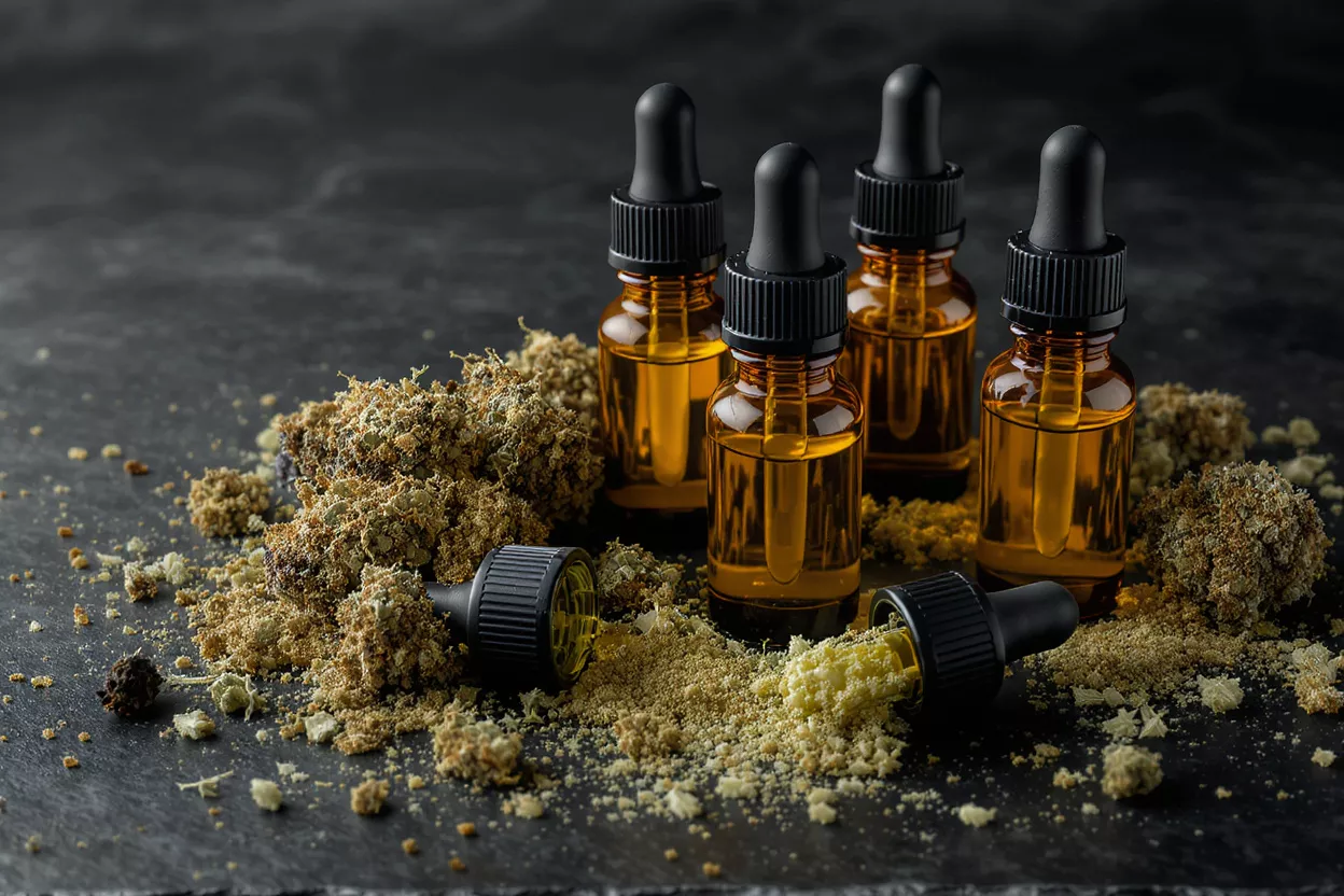 Amber dropper bottles of CBD oil surrounded by hemp buds and kief on dark background.