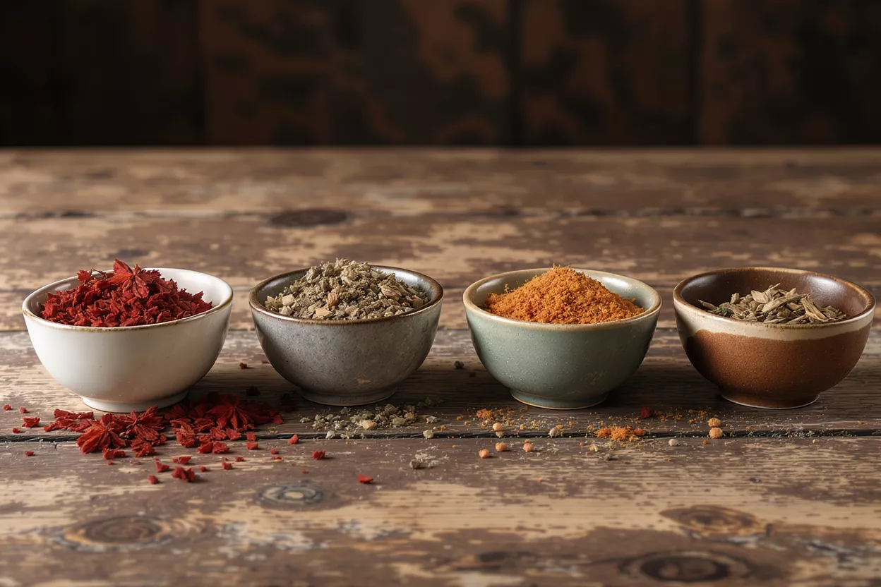 Four small bowls filled with different colorful spices on a rustic wooden table.