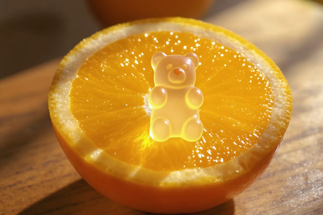 A translucent gummy bear sits on a vibrant, juicy orange slice.