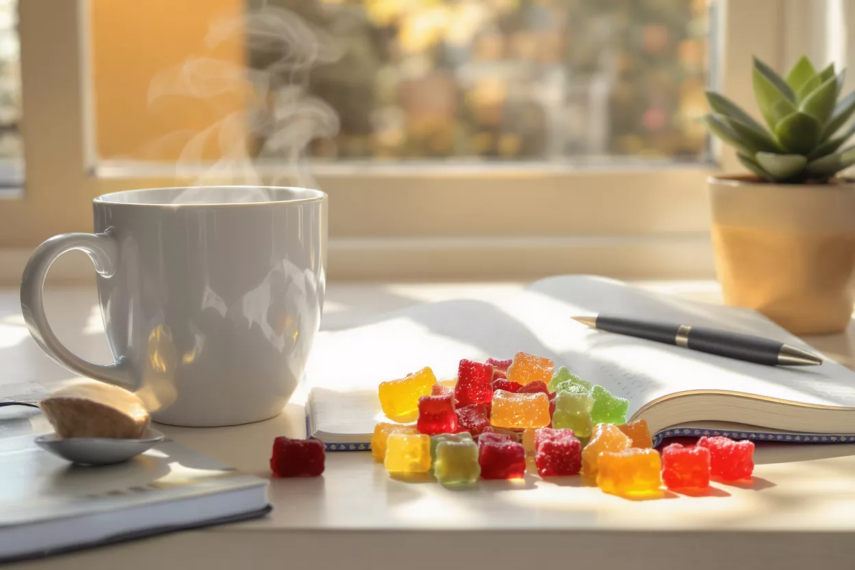 Steaming coffee mug, colorful gummies, open journal, and pen by a sunlit window.