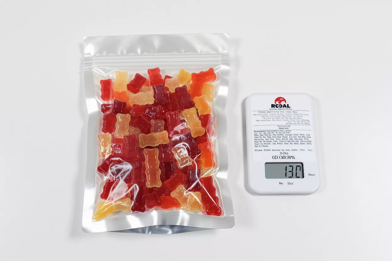 A clear pouch of colorful gummy bears next to a digital scale showing 130.